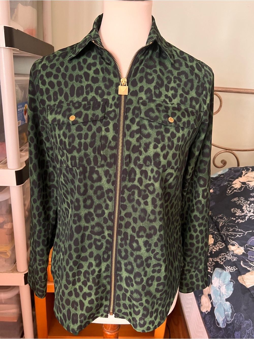 Michael Kors Green Leopard Print Zip-Front Women's Jacket